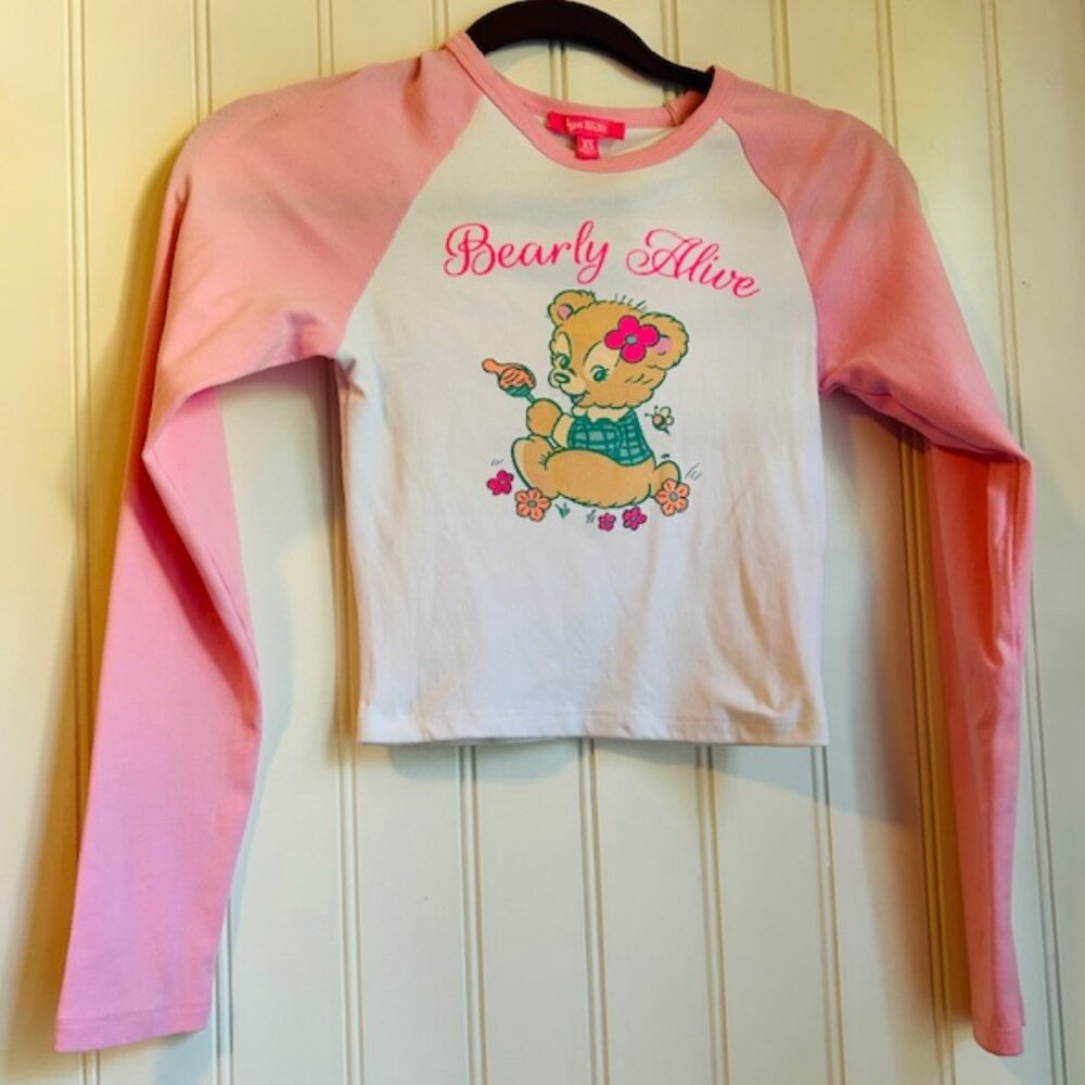 Dolls Kill Bearly Alive Pink White Long Sleeve Tee Tshirt Top XS